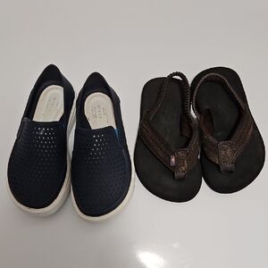 CROCS Kids Navy Slip-Ons and Rainbow Sandals Brown Flip Flops